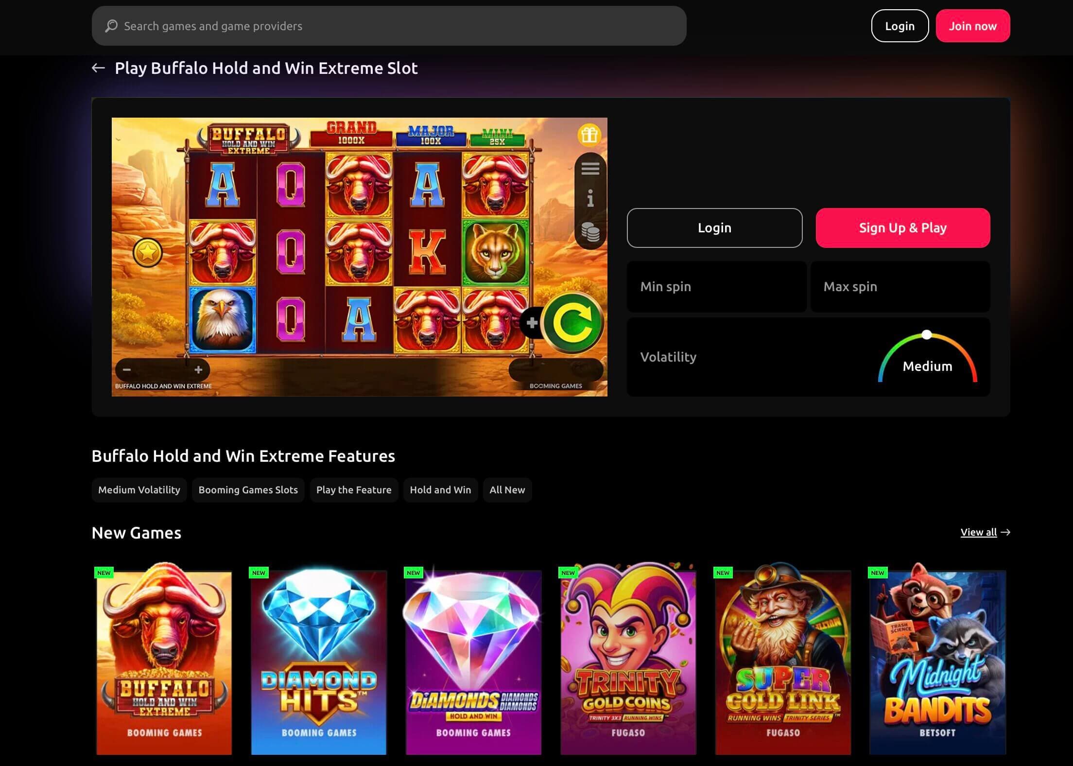 A card sweepstakes platform in action — a slot game in play above the new-games library.
